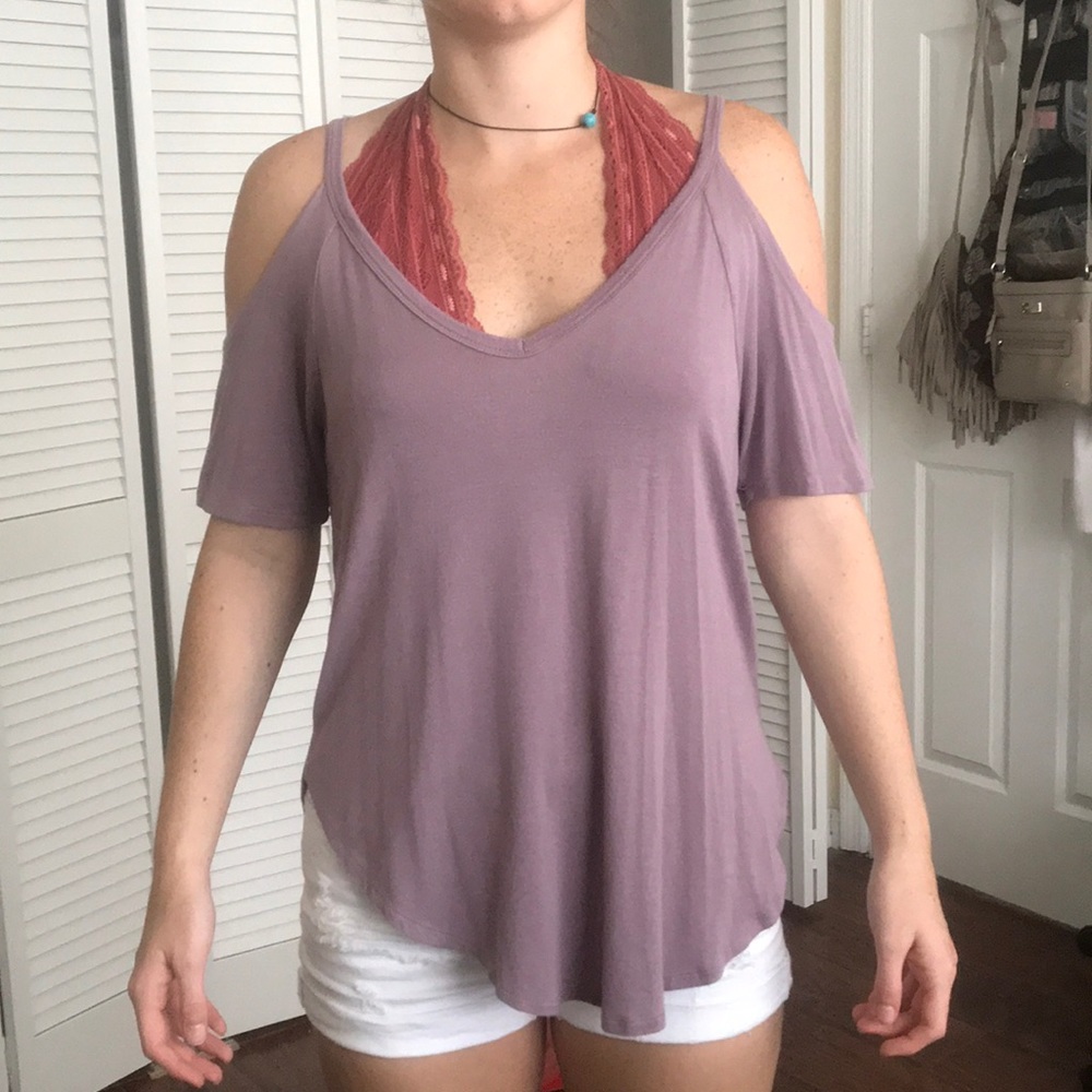 Purple shirt, off shoulder